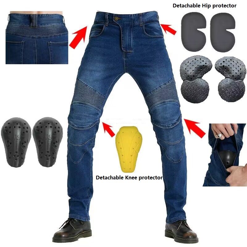 Motorcycle Gear Testing - Herren-Jeans mit Stickerei, Motorradhose, Motocross-Hose, Schutzgurte